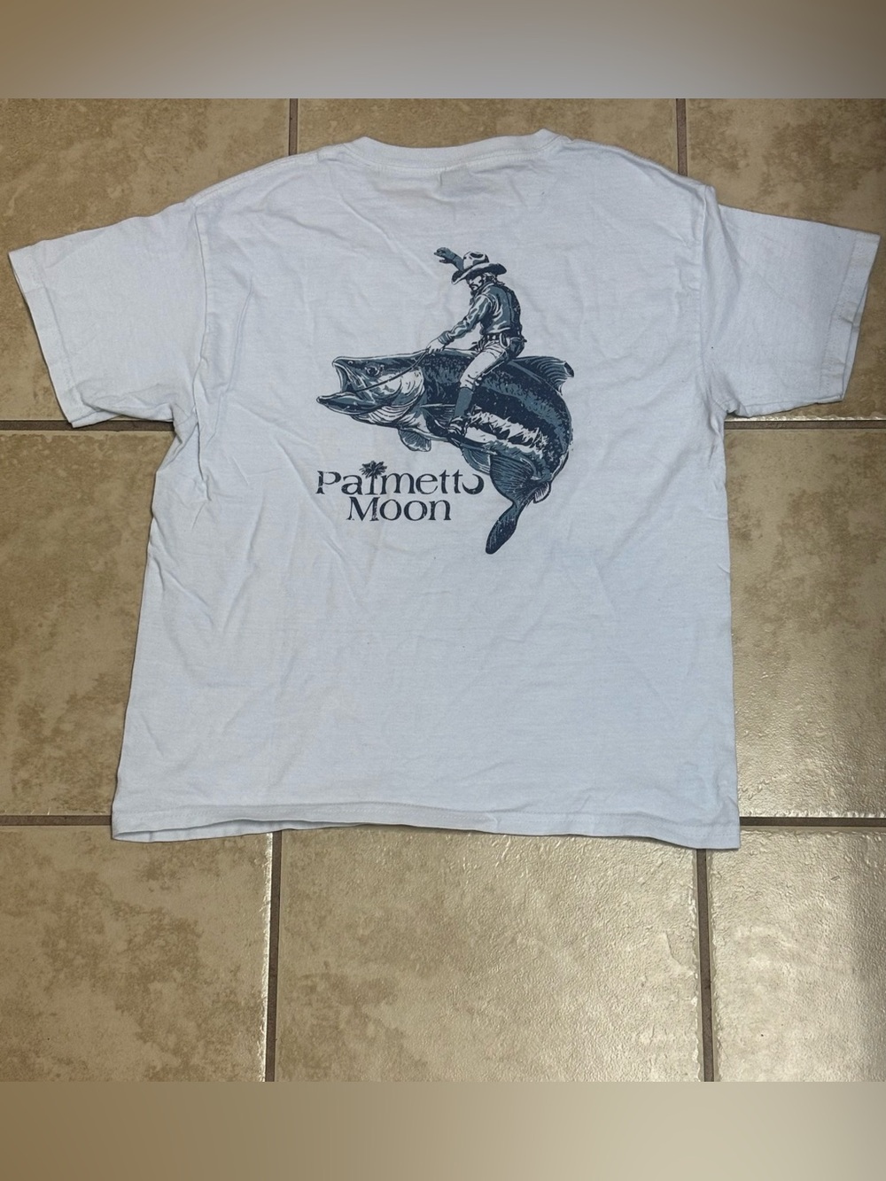 Palmetto Moon White Graphic Tee - Cowboy Riding a Bass Fish - Medium